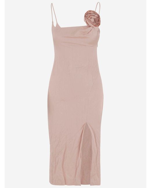 Blumarine Gekreukte Satijnen Jurk Met 3 D Roos in het Pink