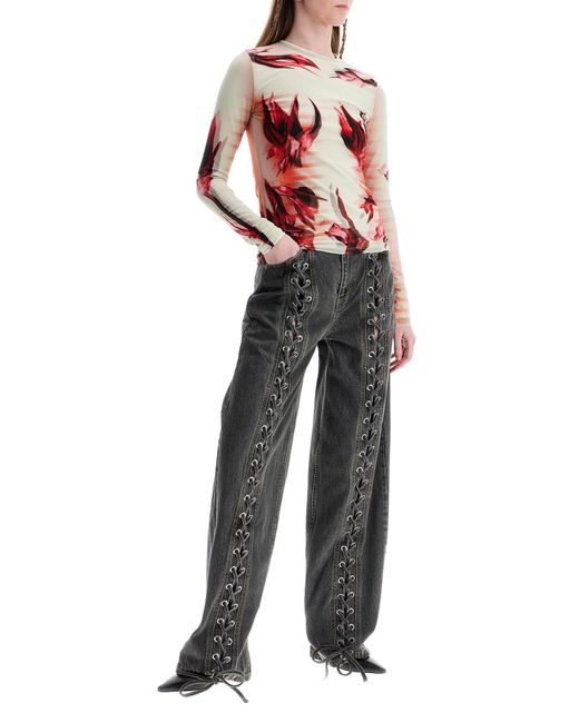 Jean Paul Gaultier Red Mint Jersey Top With Floral Pattern And Double Layer