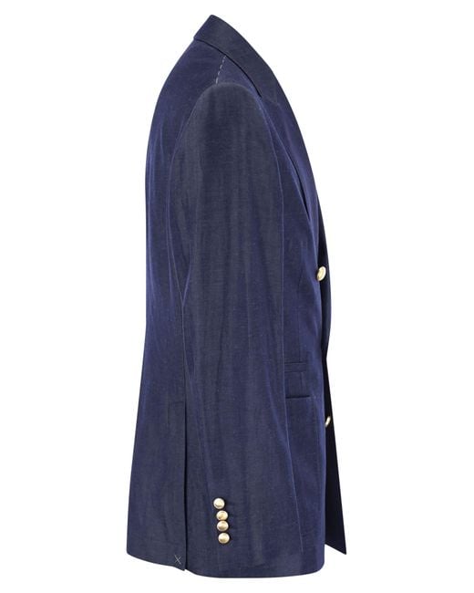 Chaqueta de pecho individual en lana y sarga de lino Brunello Cucinelli de hombre de color Blue