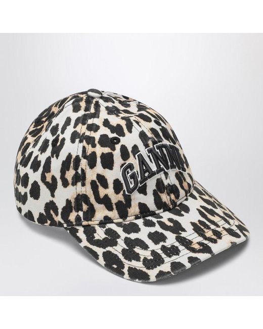 Ganni Black Leopard Print Canvas Baseball Cap