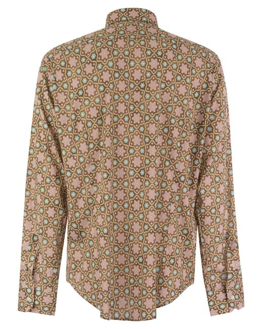 Fedeli Brown Printed Stretch Cotton Voile Shirt