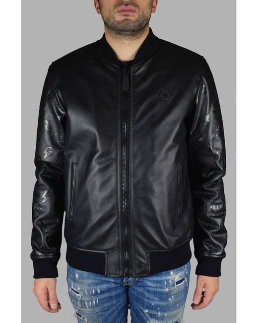 Philipp Plein Black Leather Bomber Jacket for men