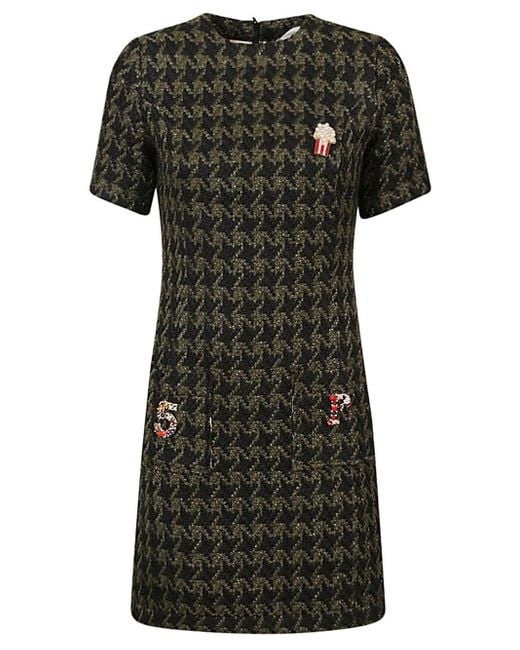 5 PROGRESS Houndstooth Wool Blend Korte Jurk in het Black