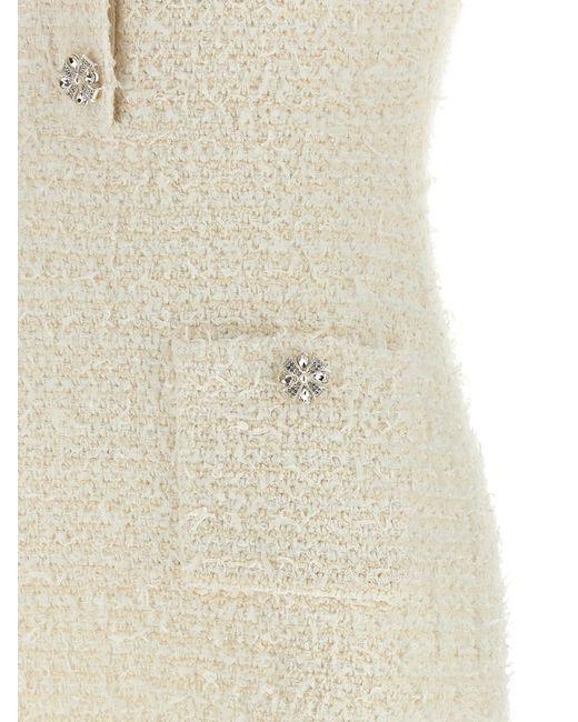 Self-Portrait Natural Mini Dress With Knit Tweed Texture And Crystal Acc