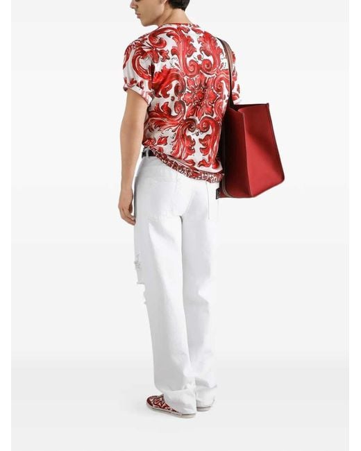 Dolce & Gabbana Red Cotton T Shirt With Majolica Print