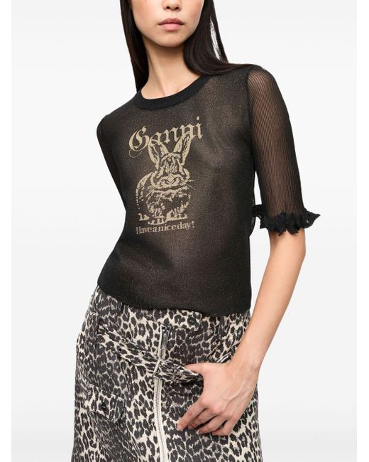 Ganni Black Bunny Crewneck Top