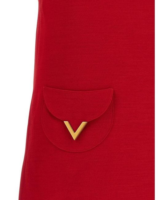 Valentino Red Pocket-Detail And V Logo Mini Dress