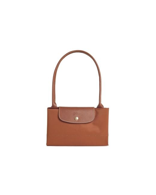 Longchamp White 'L Le Pliage Original' Cognac Tela Shoulder Bag