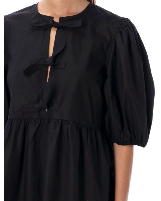 Ganni Black Cotton Poplin Mini Dress With Bows