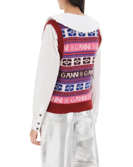 Ganni Jacquard Wool Vest Met Logo -patroon in het Multicolor
