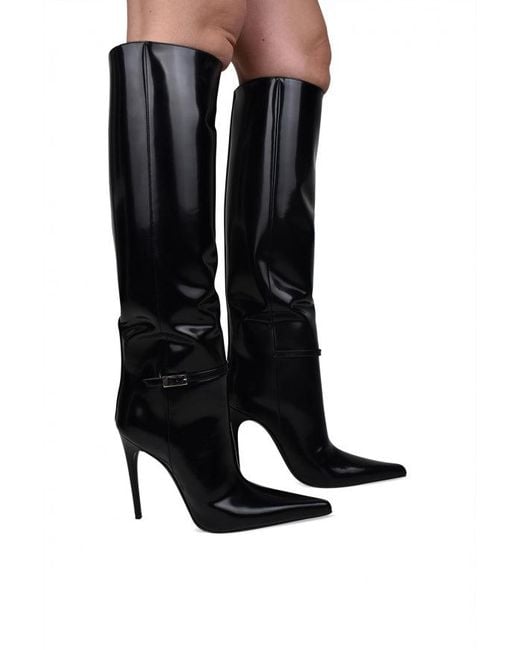 Saint Laurent Black Pointed-Toe Leather Stiletto Boots