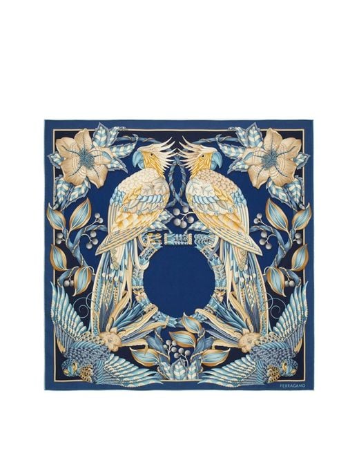 Ferragamo Blue Parrots-Print Silk Scarf