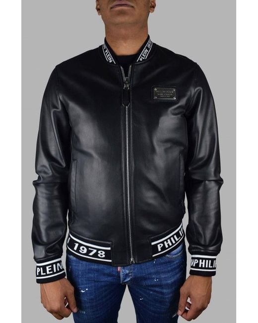 Philipp Plein Black Leather Bomber Jacket With Logo Accents
