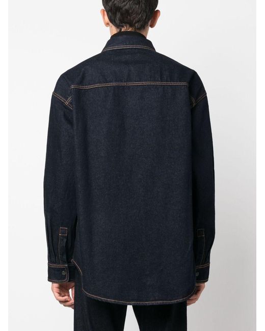 Palm Angels Blue Palm Angles Logo-Embroidered Denim Shirt for men