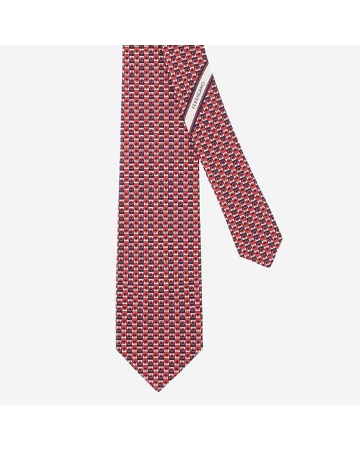 Ferragamo Red Silk Tie With Geometric Pattern for men