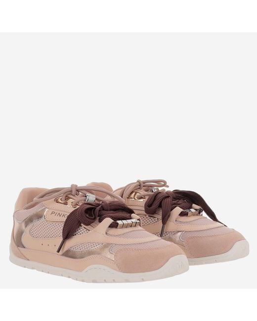 Pinko Brown Leather And Mesh Sneakers With Two-Tone Laces