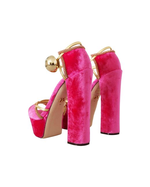 Dolce & Gabbana Pink Velvet Kristallabsatz Sandalen