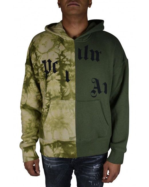 Palm Angels Green Two-Tone Hooded Sweatshirt With Broken Logo Detail