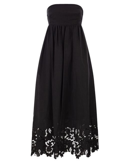 Max Mara Black Strapless Linen Dress With Embroidered Hem