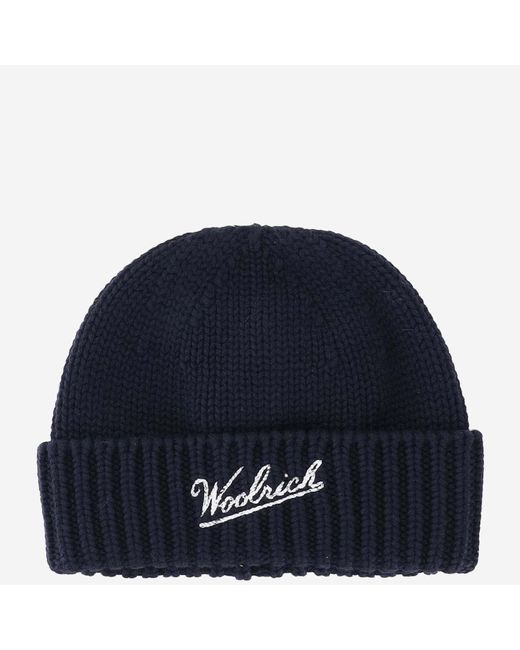 Woolrich Blue Wool Beanie With Logo for men