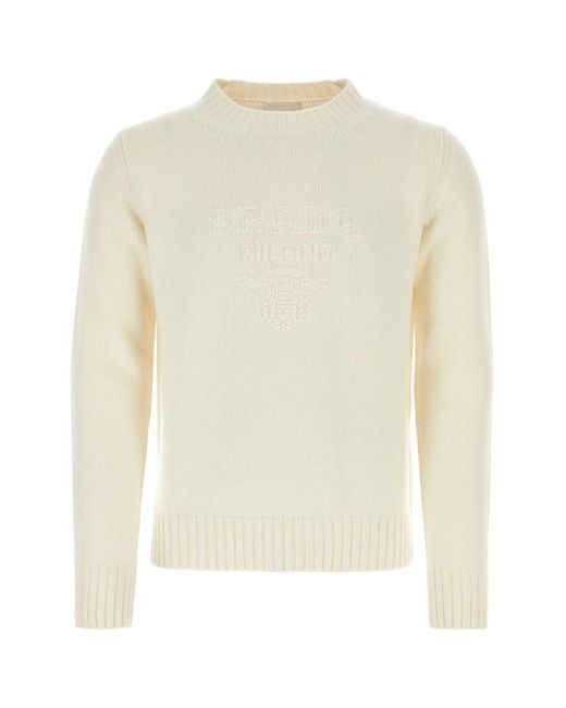 Prada White Ivory Wool Blend Sweater for men