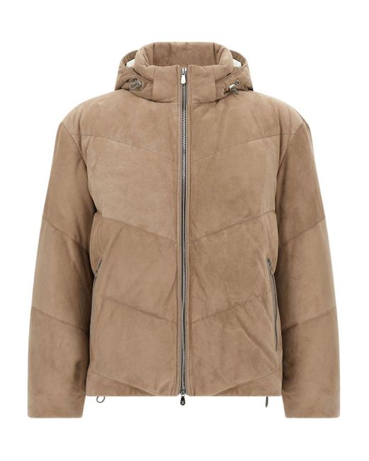 Brunello Cucinelli Leather Short Down Jacket in het Natural voor heren