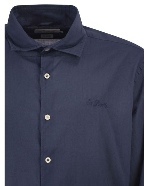 Mc2 Saint Barth Blue Cotton Poplin Shirt With Embroidered Logo for men