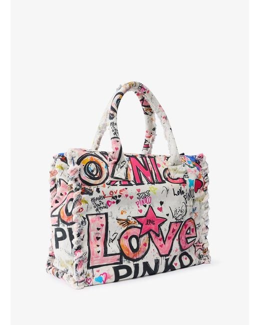 Pinko White Cotton Shopper Bag