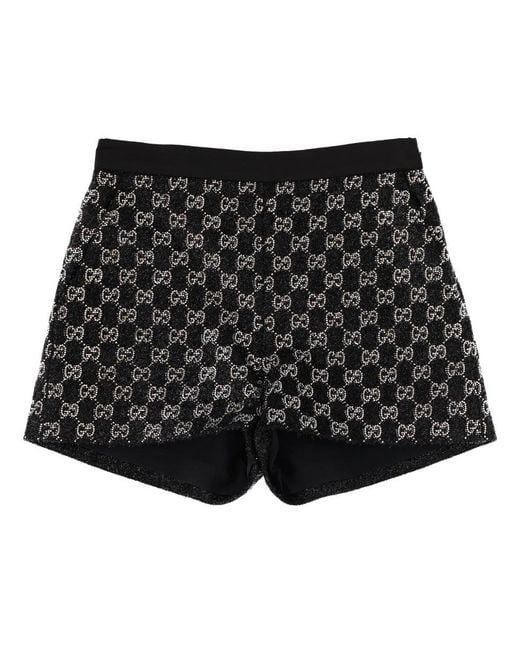 Gucci Black Gg Shorts Embroidered With Crystals