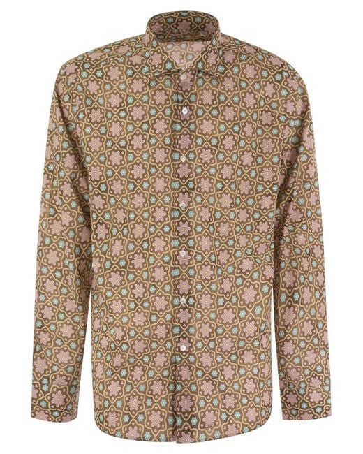 Fedeli Brown Printed Stretch Cotton Voile Shirt