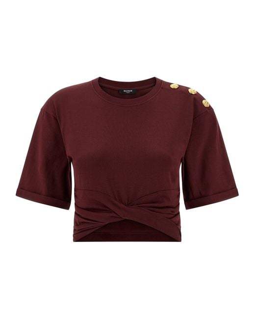 Camiseta corta anudada Balmain de color Red