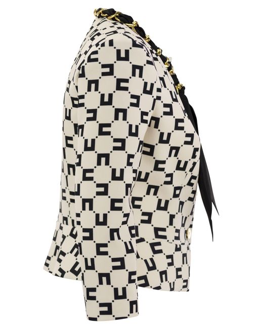 Elisabetta Franchi Black Logo Print Crepe Jacke mit Foulard -Kette