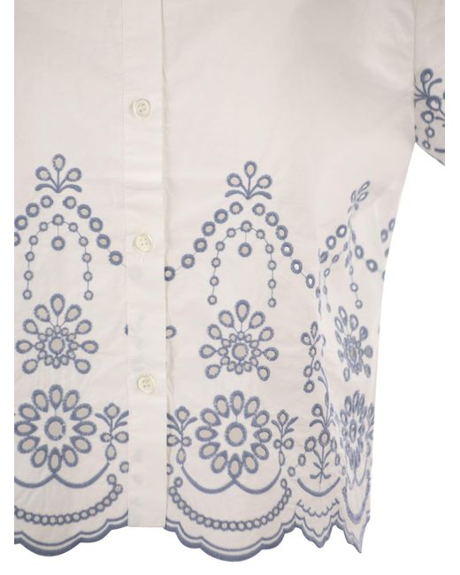 Mc2 Saint Barth White Cropped Cotton Shirt With Floral Embroidery