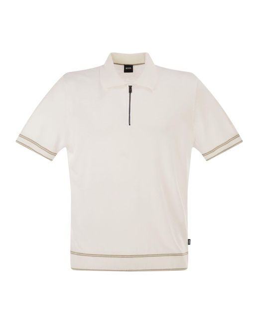 Boss White Linen And Viscose Polo Shirt With Zip And Contrast Trims