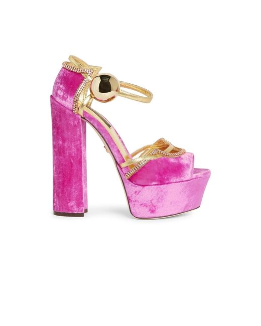 Dolce & Gabbana Velvet Crystal Heel Sandalen in het Pink