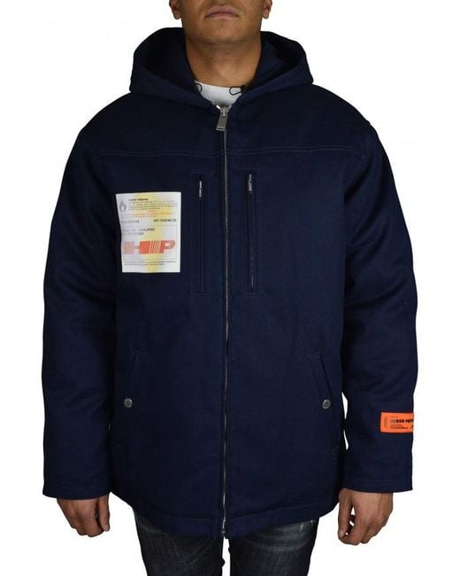 Heron Preston Blue Hooded Cotton Coat With Logo Accents for men