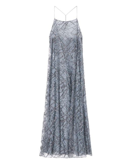 Emporio Armani Gray Long Tulle Dress With All-Over Micro-Sequin And Jet Embroidery
