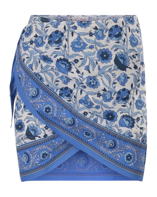 Mc2 Saint Barth Blue Floral Print Cotton Wrap Mini Skirt