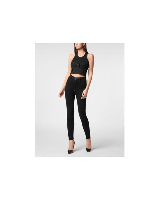 Philipp Plein Black Jersey Rib Tank Top Fringe