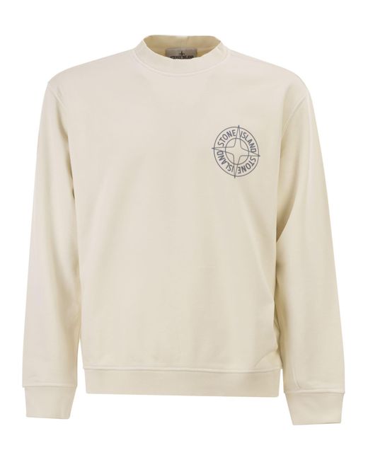 Stone Island White Oversized Crew Neck Sweatshirt With €Œoutline Compass†Print for men
