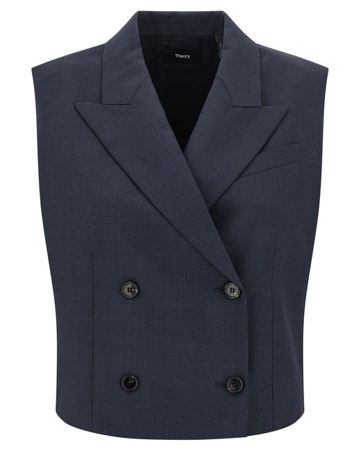 Theory Blue Slightly Cropped Double-Breasted Vest With Peak La