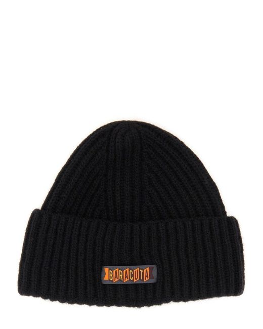 Baracuta Black Beanie Hat With Logo Patch for men