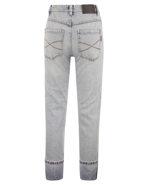 Soft denim pantalones rectos con detalles brillantes Brunello Cucinelli de color Gray
