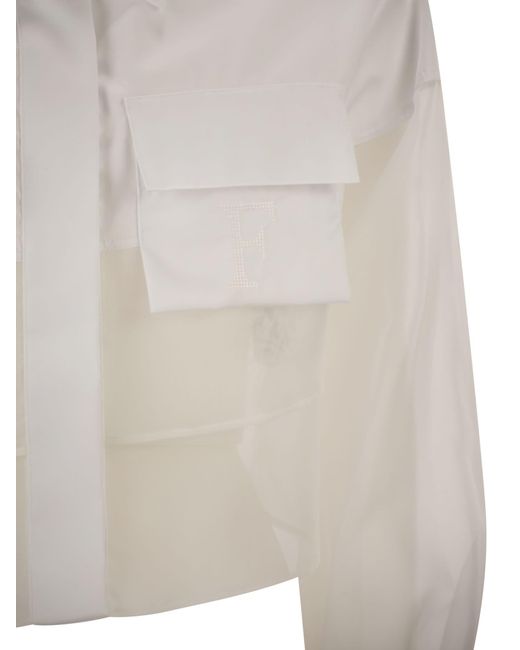 Elisabetta Franchi White Cropped Cotton Shirt With Silk Organza Inserts