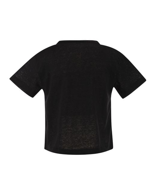 Majestic Black Stretch Linen T-Shirt With V-Neck