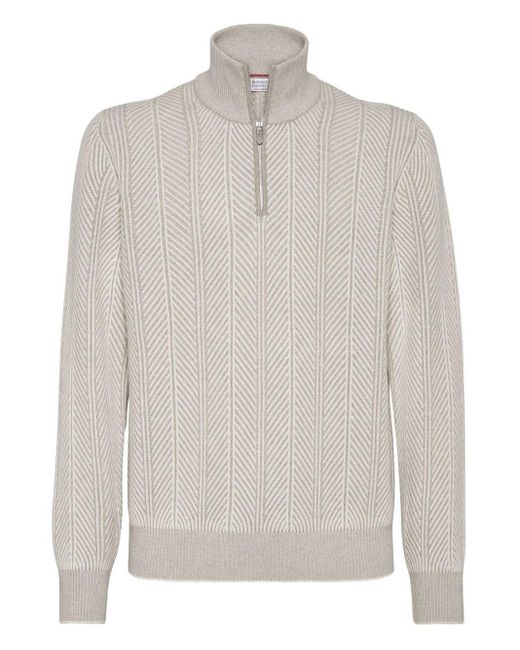 Brunello Cucinelli Trui Met Visgraatpatroon En Halve Rits in het White voor heren