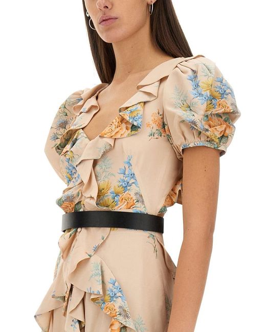 McQueen Metallic Floral Print Ruched Silk Dress