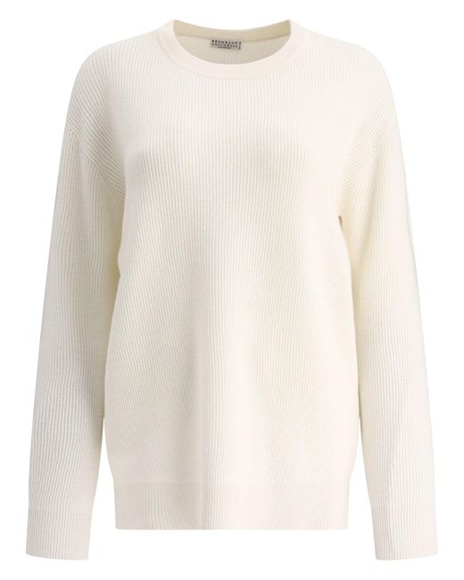 Brunello Cucinelli White Cashmere English Rib Sweater With Monili