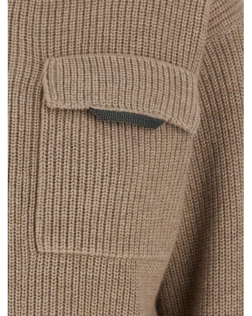 Brunello Cucinelli Brown Shiny Flap Detail' Cropped Cardigan