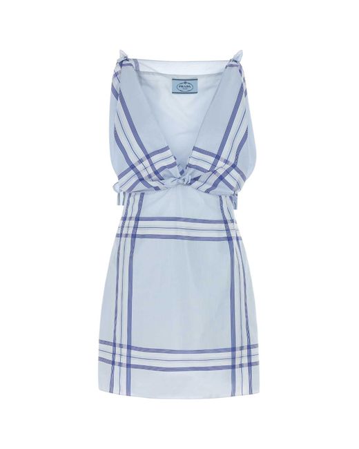 Prada Blue Embroidered Cotton Mini Dres